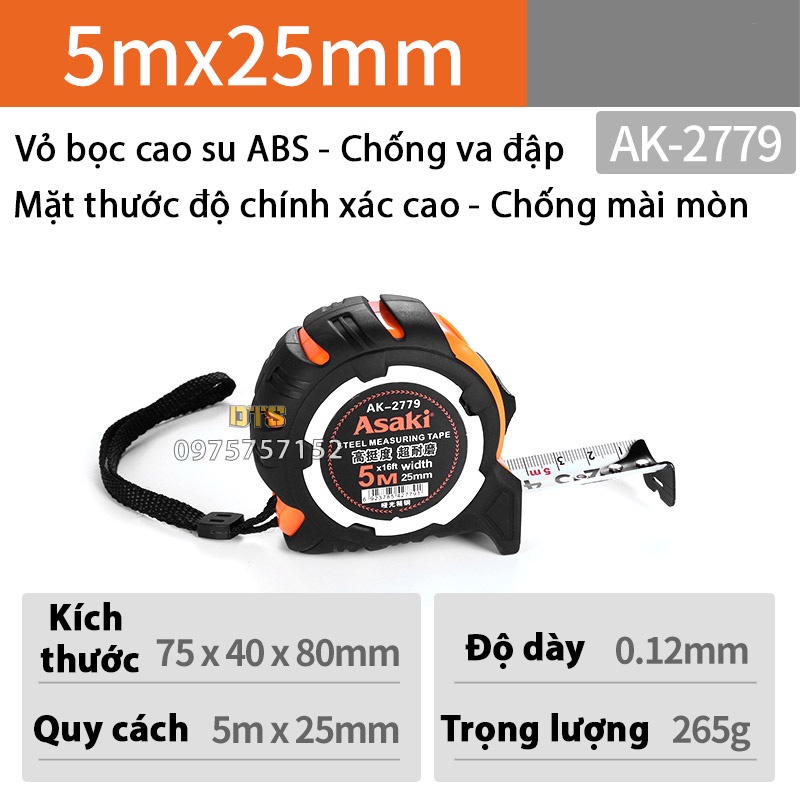 Thước kéo 5m chống va đập Asaki AK-2779, thước rút nền trắng số to rõ ràng, thước cuộn thép chính xác cao, vỏ bọc cao su