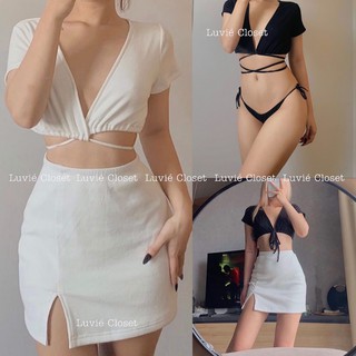 Áo croptop vạt chéo cổ v dây cột eo tay ngắn mặc được nhiều kiểu, bikini đồ bơi đi biển, áo kiểu nữ gợi cảm sexy