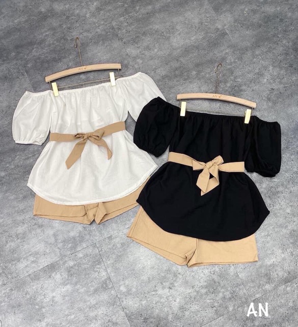 [Mã FAGREEN245 giảm 10% tối đa 30K đơn 99K] S313 Set Áo Trễ Vai Tay Bay Phối Quần Sooc Nữ Kèm Đai Rời Siêu Xinh | BigBuy360 - bigbuy360.vn