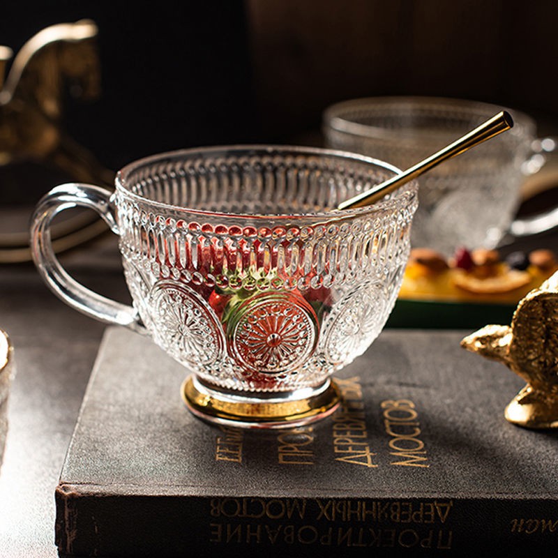 cốc thủy tinh viền vàng dập nổi phong cách Bắc Âu nước trà cà phê sữa có tay cầm đựng yến mạch dung tích lớn