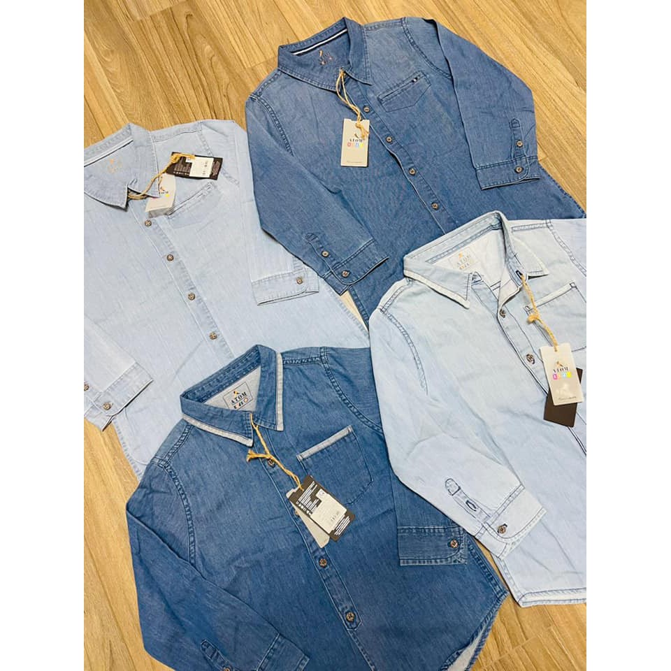 Áo Sơ mi jeans bé trai ATOM size 2-12t (phom đúng tuổi) hàng việt nam cao cấp. Gía 150k