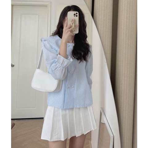 Áo sơ mi kẻ xốp điệu tay bo xinh xắn