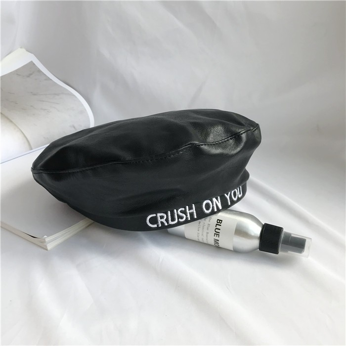 Mũ Beret Da PU In Chữ Phong Cách Retro Nhật Bản Cho Nữ