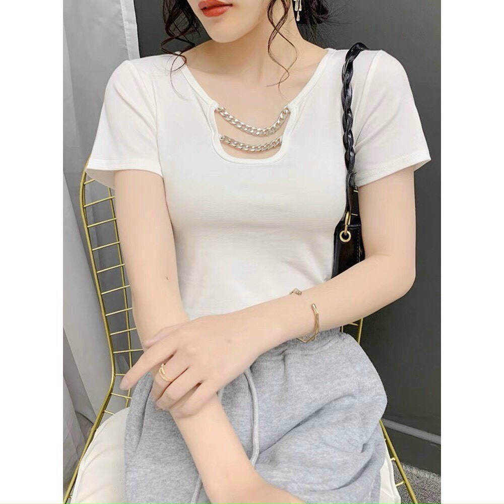 Áo croptop ôm body tay ngắn phối xích cổ, áo thun kiểu A107