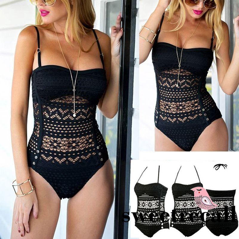 Đồ bơi một mảnh 2 dây trang trí ren xuyên thấu màu đen gợi cảm cho nữ | BigBuy360 - bigbuy360.vn