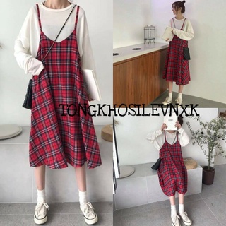SET VÁY YẾM KẺ ĐỎ + ÁO THUN TRẮNG DÀI TAY ULZZANG