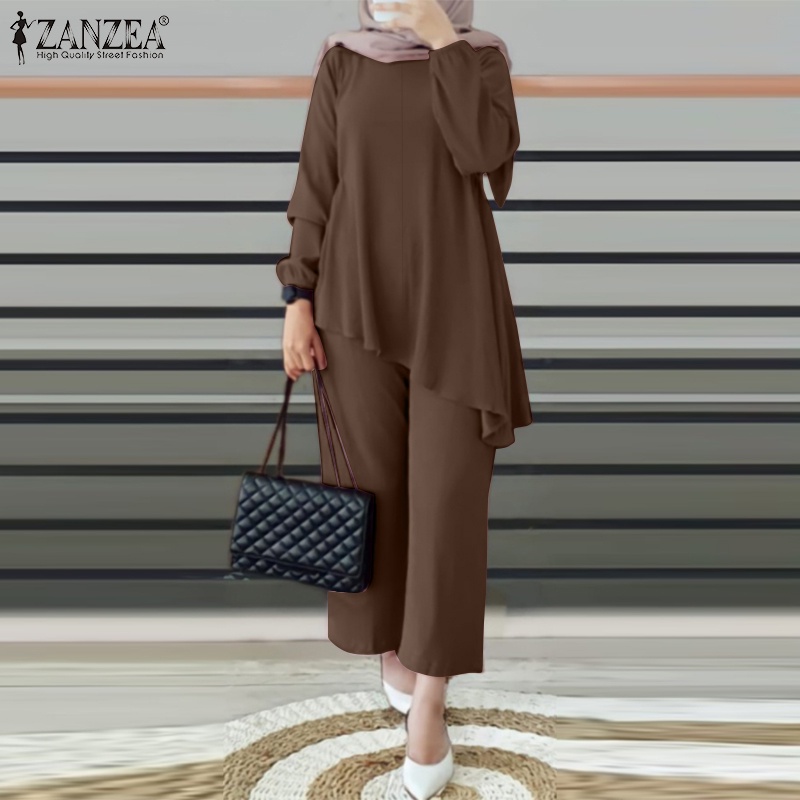 Zanzea Bộ Áo Tay Phồng Màu Trơn Phối Quần Dài Ống Rộng Lưng Thun Thời Trang Cho Nữ