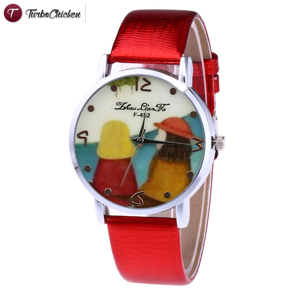 #Đồng hồ đeo tay# Fashion Couple Watches Simple Quartz Watch Leather Band Round Dial Cute Cartoon Printed Casual Watches