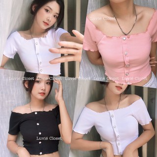 Áo croptop trễ vai phối nút, Áo thun gân tay ngắn siêu xinh