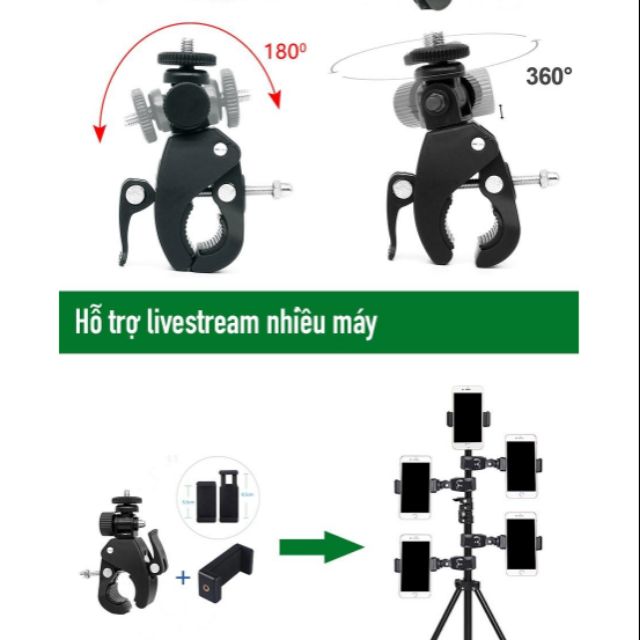 Tay giữ điện thoại - máy ảnh - camera kẹp chân tripod - xe máy - đạp - giá đỡ - giúp livestream nhiều máy một lúc