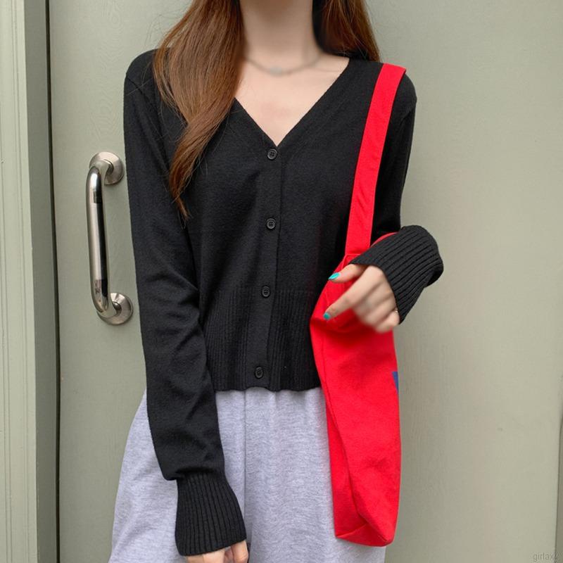 Áo Cardigan Dệt Kim Mỏng Tay Dài Cổ Chữ V Màu Sắc Đơn Giản Phong Cách Hàn Quốc Cho Nữ