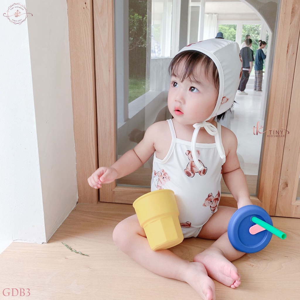 Bikini/ Đồ bơi liền 1 mảnh màu trắng họa tiết gấu bông (TẶNG KÈM MŨ BƠI) cho bé gái từ 5-13kg [GDB3]