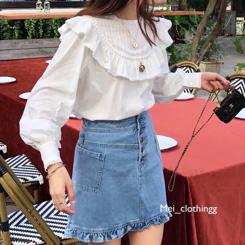 [Ảnh thật/video] Áo sơmi cổ tròn phối bèo viền ren/ sơ mi nữ tay bồng ulzzang