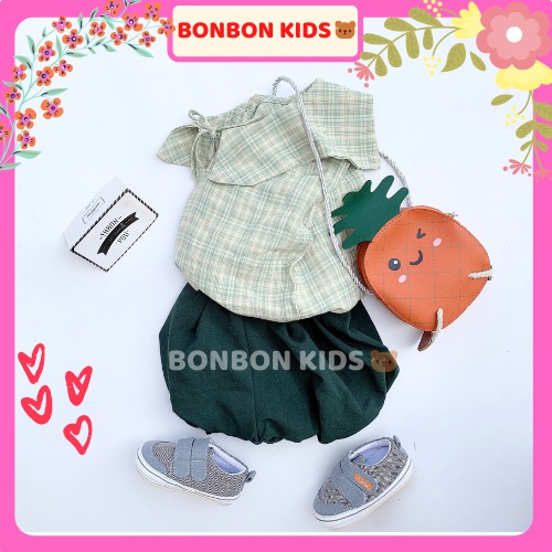 Set Quần Áo Sơ Mi Kẻ Caro Xanh Áo Cổ Sen, Quần Bom Cho Bé Gái 1 - 4 Tuổi, Bộ Mặc Đi Chơi Cực Kỳ Dễ Thương