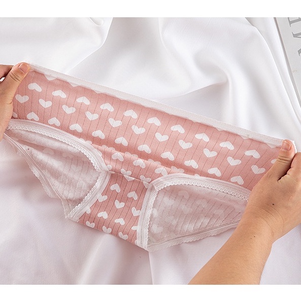 Quần lót nữ Cotton họa tiết trái tim dễ thương kẻ gân tăm co dãn kháng khuẩn KIMCHIBIKINI QL004