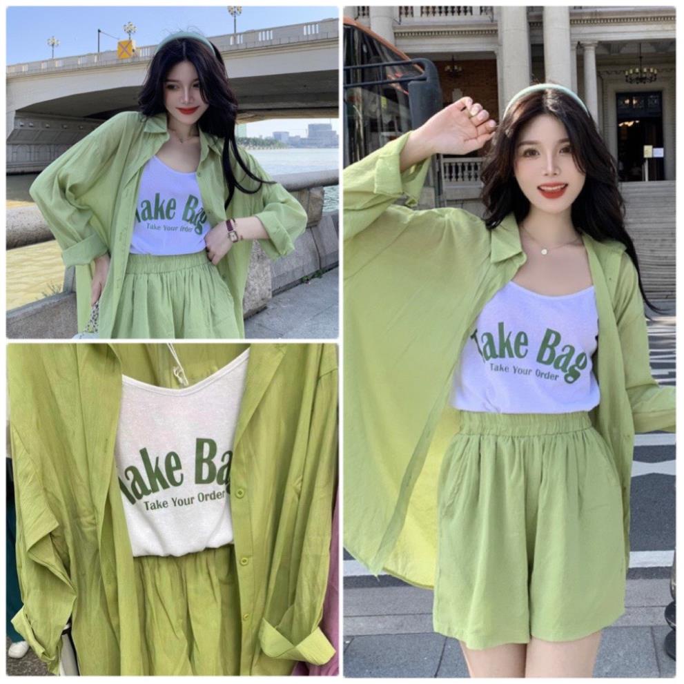 Set 3 Món Take Bag Màu Xanh Cốm Áo Sơ Mi Dài Tay Mix Sooc Ống Rộng Kèm Áo 2 Dây Trắng Freesize Mostore Moanstore