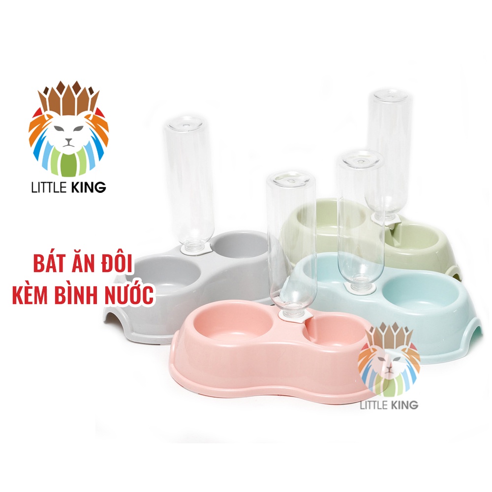 Bát ăn đôi kèm bình nước tự động cỡ nhỏ cho chó mèo, thú cưng Little King pet shop chất liệu nhựa PP