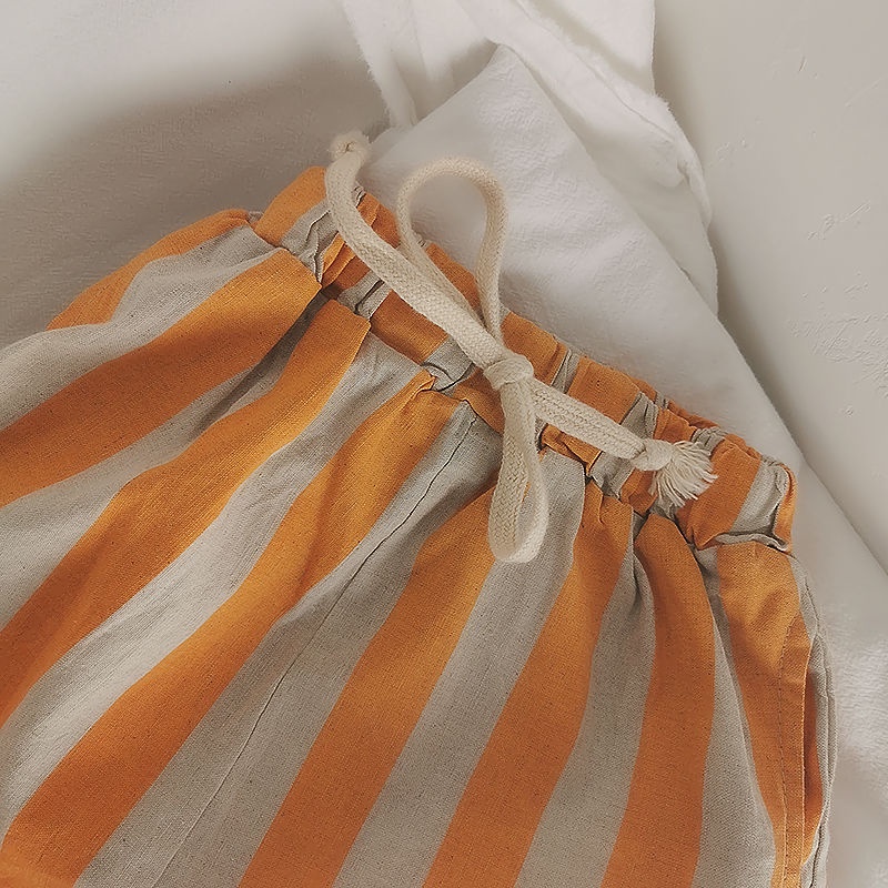 [Babycat] Hàng Có Sẵn Quần Short Linen Kẻ Sọc Rộng Bảo Vệ Môi Trường Phong Cách Nhật Hàn Retro Nhật Bản Thời Trang Mùa Hè Cho Trẻ Em 2022