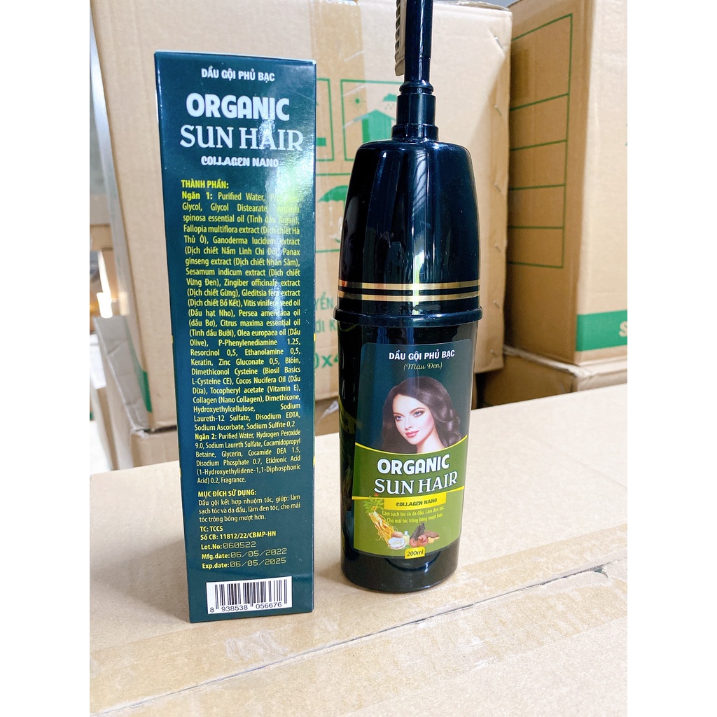 Dầu gội phủ bạc OGANIC SUN HAIR chính hãng đen tóc nâu tóc giúp tóc khỏe mạnh mềm mượt chai 200ml