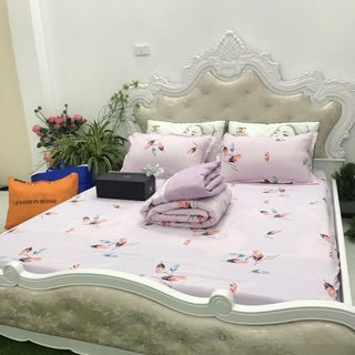 Trọn bộ chăn ga gối đũi lông chim hồng
