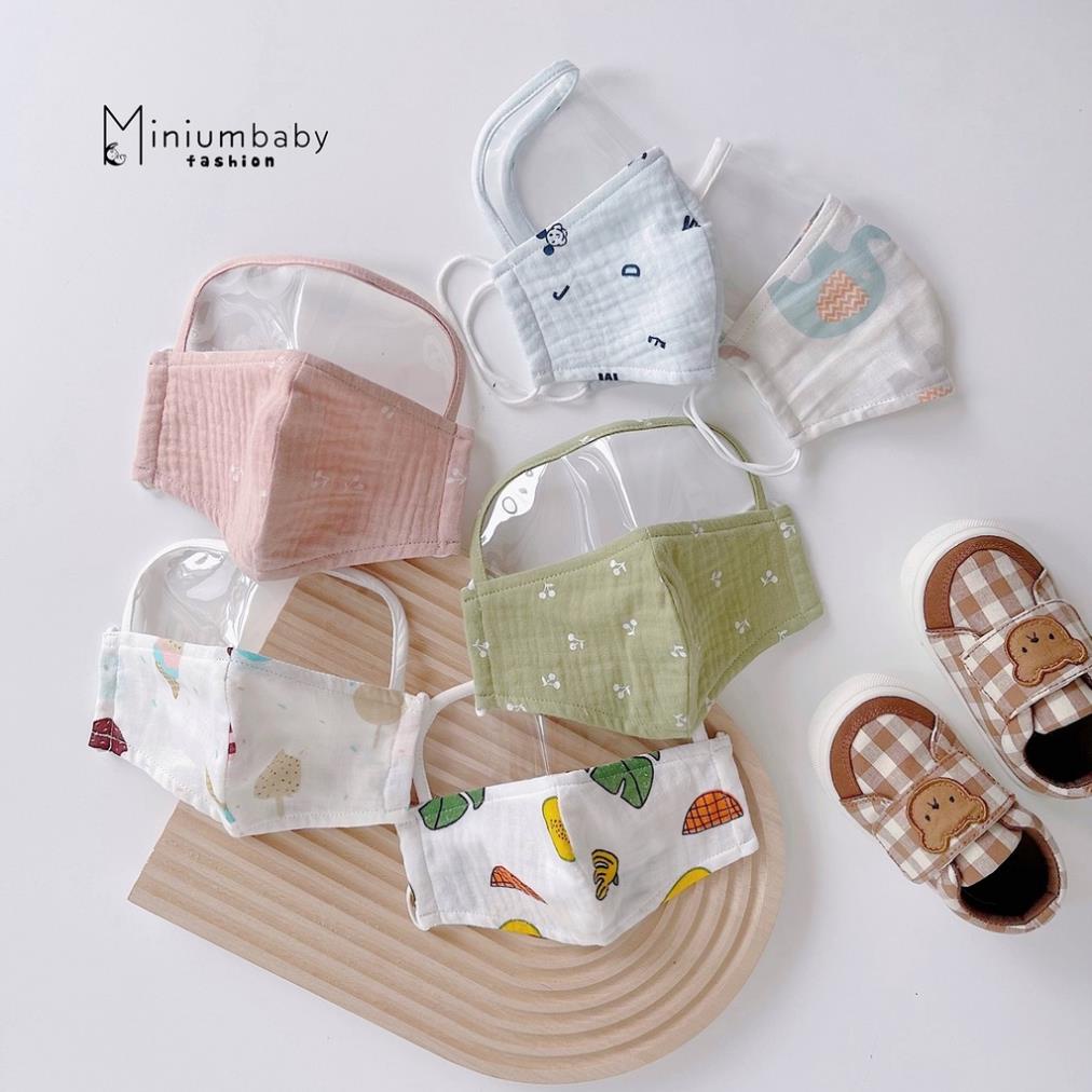 Combo 3 khẩu trang chống bụi có kính chắn xô muslin TiemBoBe, họa tiết ngộ nghĩnh đáng yêu-KC1150