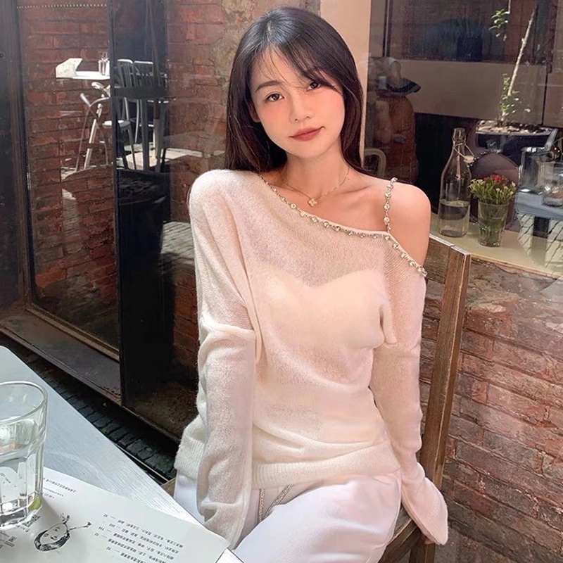 IELGY Áo sweater Tay Dài Hở Vai Màu Sắc Đơn Giản Dành Cho Nữ