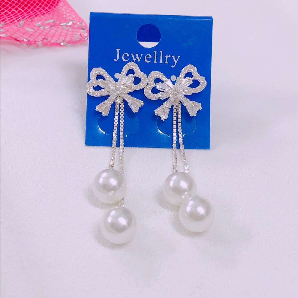 Bông tai bạc ta dáng dài hình nơ treo hạt châu duyên dáng phù hợp đi dự tiệc - Bạc Bibi