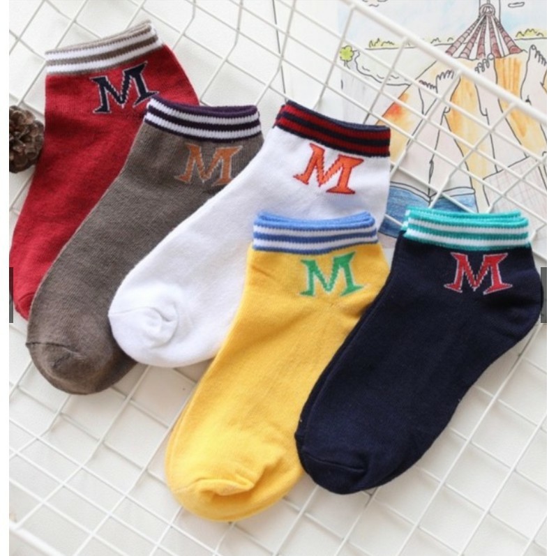 10 đôi Tất nữ cổ ngắn hàn quốc chữ M chất liệu cotton thấm hút mồ hôi