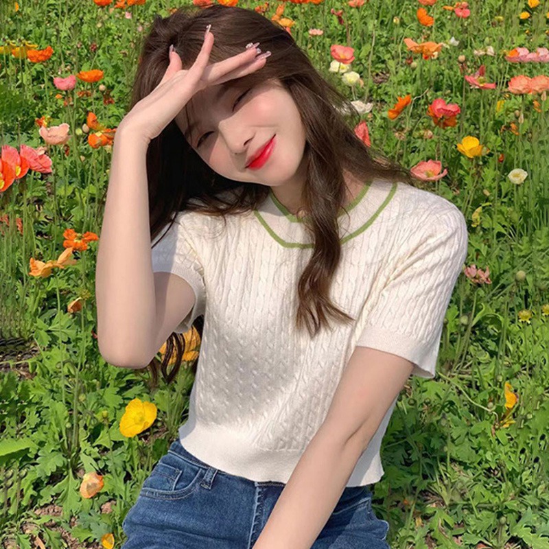 Áo Phông Áo Croptop Áo Thun Dệt Kim Tay Ngắn Cổ Tròn Màu Sắc Tương Phản Thời Trang Cho Nữ