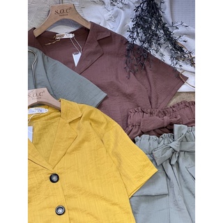 Set cổ sơ mi phối quần đùi thắt nơ