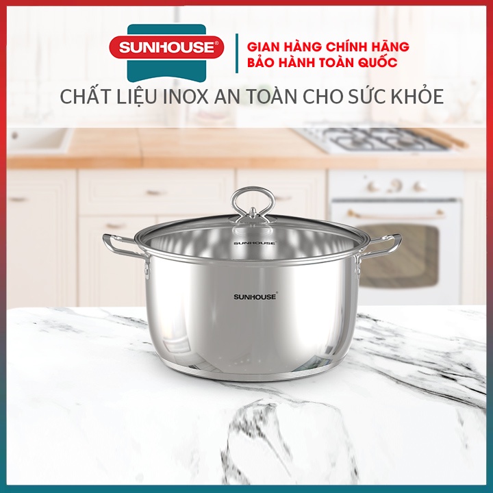 Bộ 3 nồi inox 5 đáy bếp từ SUNHOUSE 16 20 24cm dùng mọi loại bếp truyền nhiệt nhanh, tỏa nhiệt đều, giữ nhiệt tốt