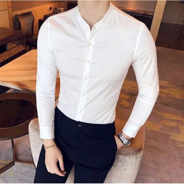 Áo Sơ mi nam cổ tàu Màu Trắng loại đẹp dáng ôm body hàn quốc,không nhăn chất liệu lụa thái cao cấp | BigBuy360 - bigbuy360.vn