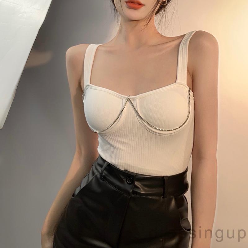 Áo Croptop Không Tay Đệm Mút Màu Trơn Phối Dây Xích Kim Loại Cho Nữ