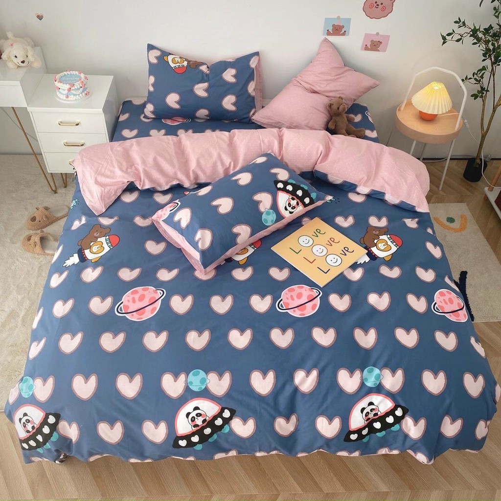 set GẤU BEAR TYM CUTE  bộ Chăn Ga Gối 4 món COTTON LIVING 100% nhập khẩu HÀN