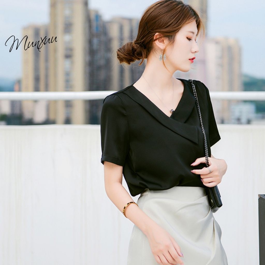 Áo kiểu nữ cổ V MUNXUU, thiết kế đơn giản dễ phối đồ, chất vải tơ mềm mát - SP23