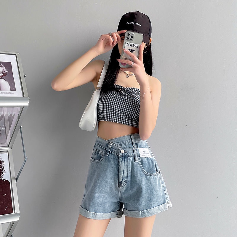 Quần Short Denim Bất Đối Xứng 164256 Quần Short Nữ Lưng Cao Dáng Chữ a Thời Trang