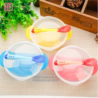 Bát ăn dặm chống đổ có thìa báo nóng cho bé