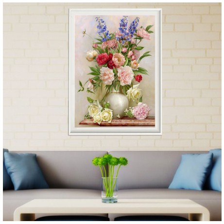 Tranh Thêu Chữ Thập BÌNH HOA KHOE SẮC. Kích Thước: 60cm x 50cm