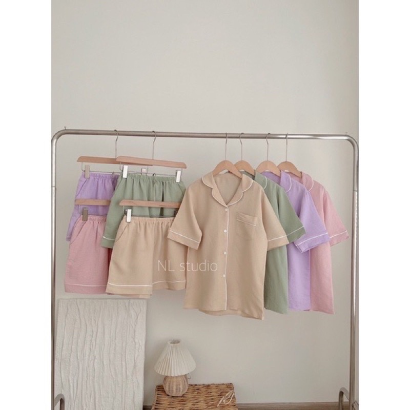 Set pyjama cổ bẻ xốp đũi Hàn màu pastel siêu ngọt. Bộ ngủ pỵama tau ngắn quần dài / ngắn