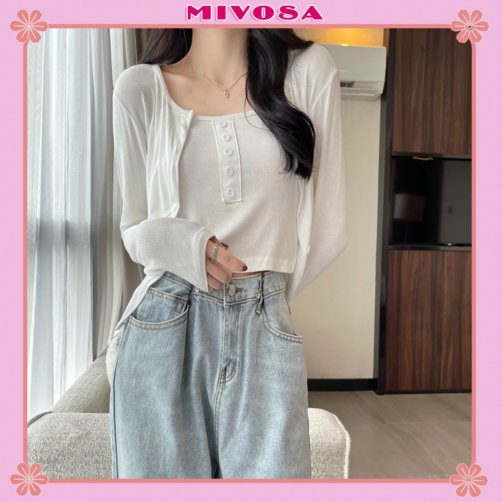 Set áo cardigan nữ hàn quốc dài tay mix áo 2 dây cúc giả set 2 món áo khoác ngoài kèm áo croptop 2 dây MIVOSA CD00t
