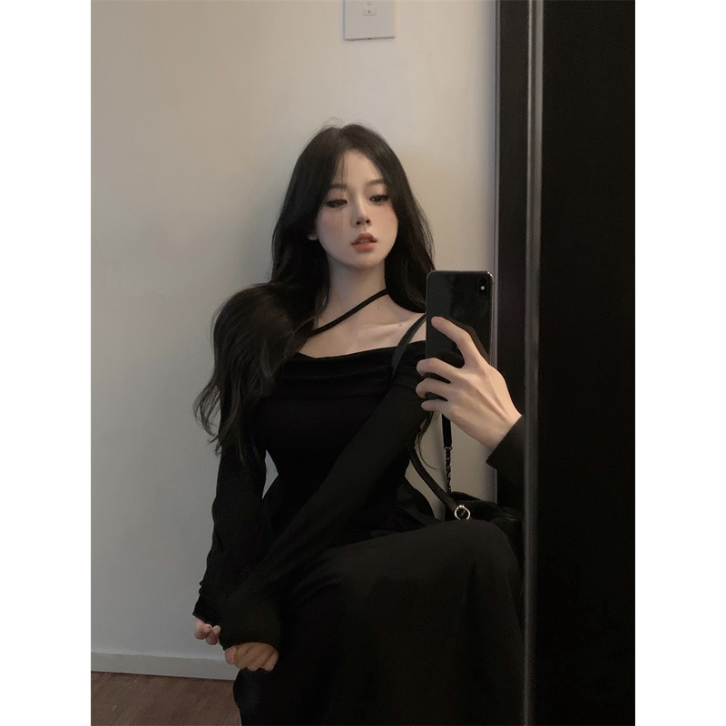 Đầm dài tay trễ vai màu đen/ nâu lạc đà phong cách Hàn Quốc dành cho nữ