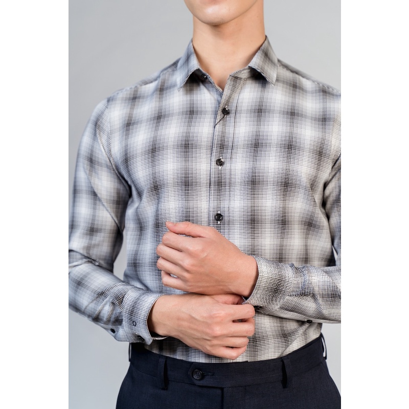 Áo sơ mi nam dài tay OWEN AS23354D somi công sở vải café cao cấp màu sọc caro loang trắng đen dáng ôm tà lượn không túi