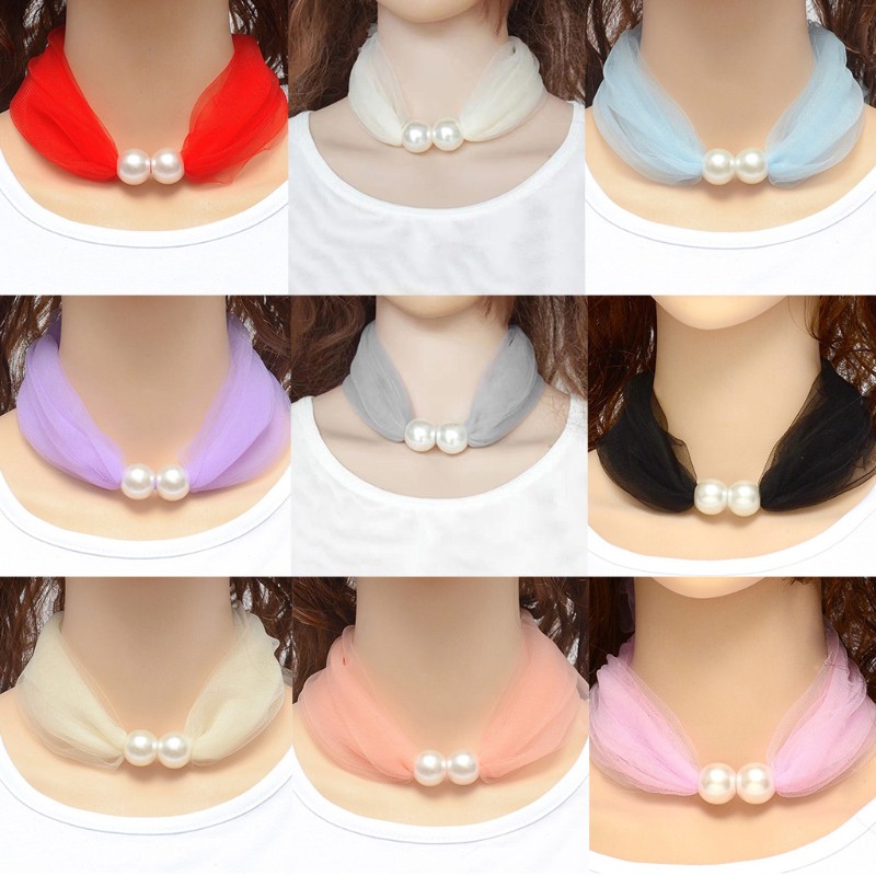 BTF Thin Mesh Lace Pearls Ring Scarf Pure Color Necklace Women Scarf Mother's Day Gifts