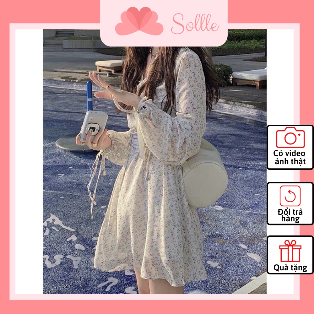 𝐗𝐚̉ 𝐤𝐡𝐨 - Đầm váy hoa nhí dài tay tiểu thư kèm đai rút eo vintage tay phồng Sollle VHN001