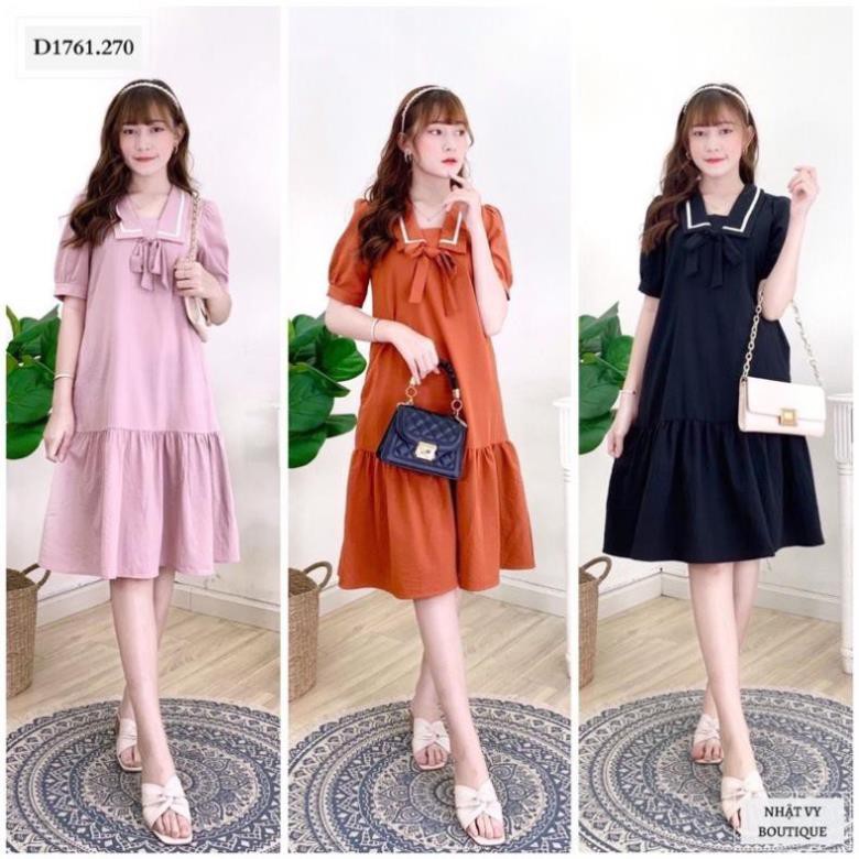 Váy đuôi cá viền cổ from rộng bầu bí bon chen thoải mái chất đũi hàn