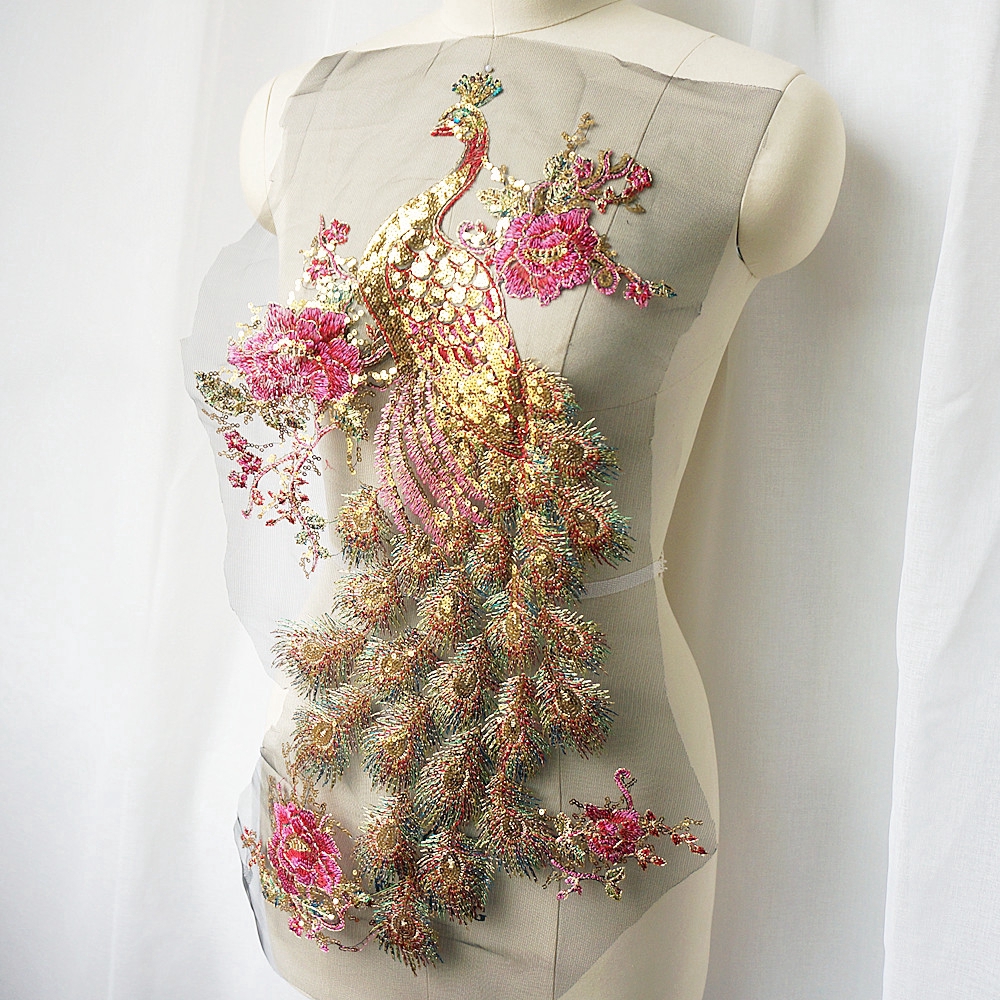 Đen Vải Tuyn Thêu Hình Chim Công Đính Kim Sa Vàng Lấp Lánh Trang Trí Cổ Áo Cưới diy