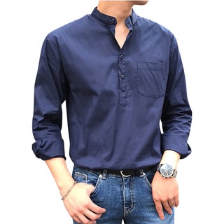 Áo sơ mi nam dài tay cổ tàu màu xanh navy