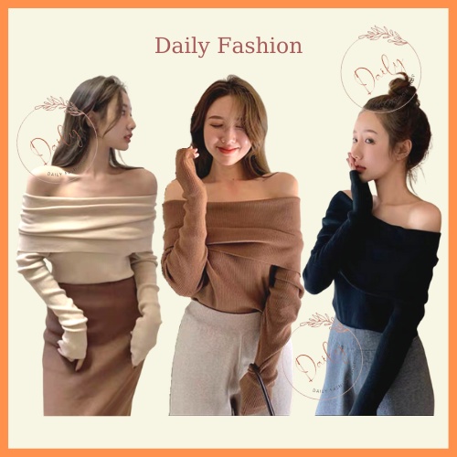 Áo Len Thun Tăm Trễ Vai Dài Tay Bản To Chất Len Mịn Dày Dặn 3 Màu Đen, Nâu, Be