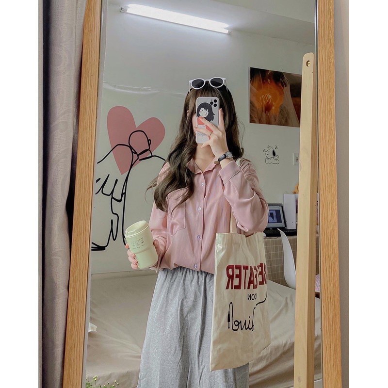 Sơmi lụa tăm trơn vintage kèm hình thật khách mặc ở cuối