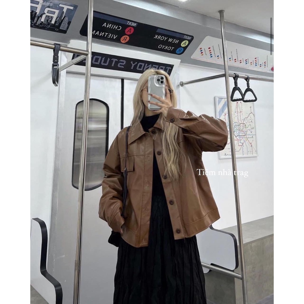 Áo khoác da nữ, áo da nữ dáng ngắn croptop phối túi hộp màu nâu phong cách hàn quốc